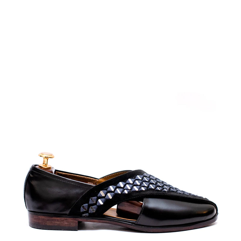 Cross Strap Mirror Design Leather Peshawari Black Sandal
