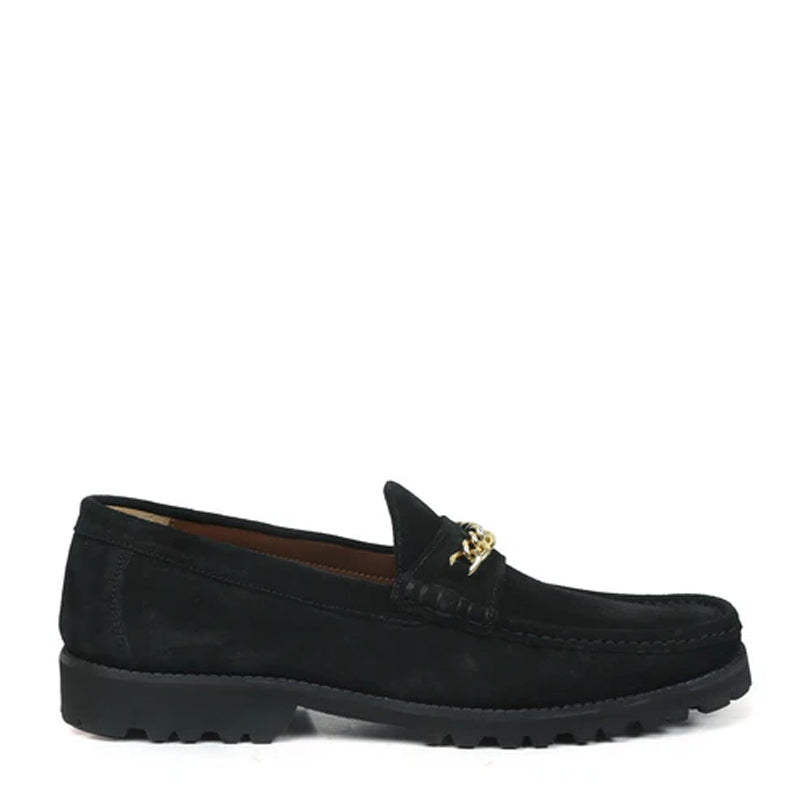 Suede Leather Loafers With Golden Black Chain