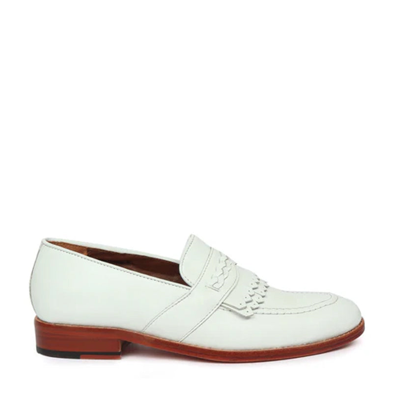 Men Classic Handmade Leather White Loafer With Fringe