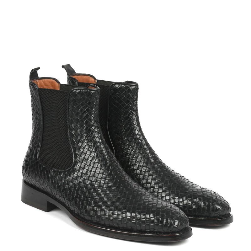 Woven Handmade Shiny Leather Chelsea Black Boot