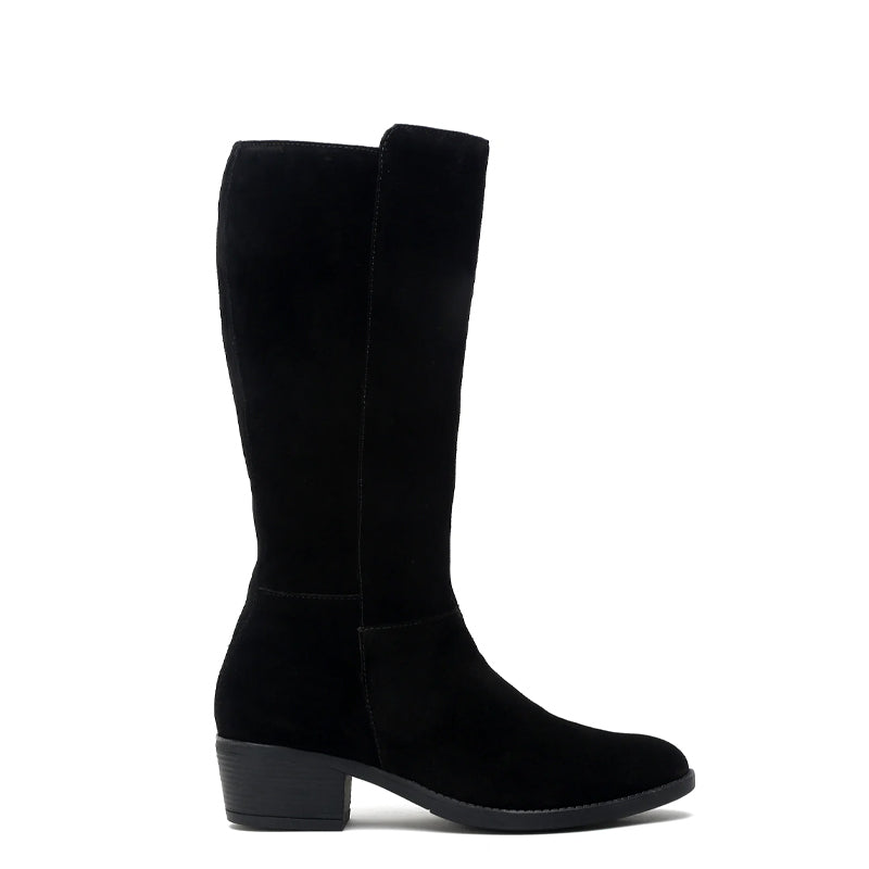 Women Suede Knee High-Top Side Zipper Black Boot