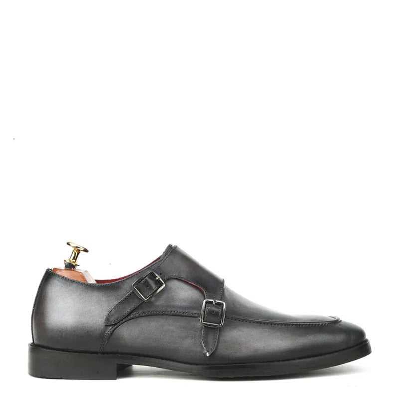 Classic Solid Leather Double Monk Shoe Grey