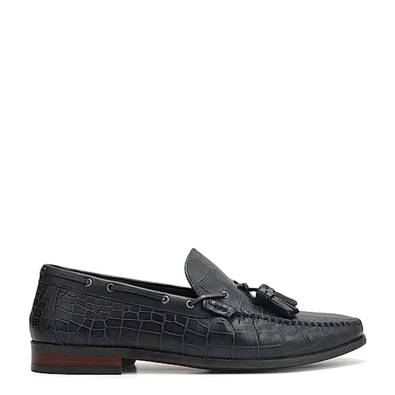 Crocodile Pattern Side Lacing Leather Tassel Loafer Black