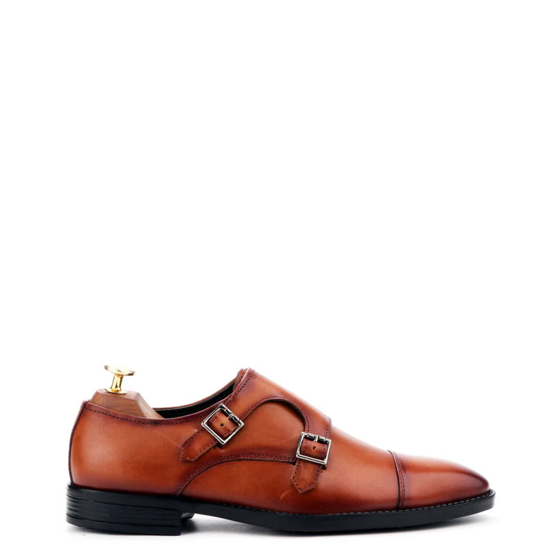 Classic Design Leather Double Monk Strap Shoe Tan