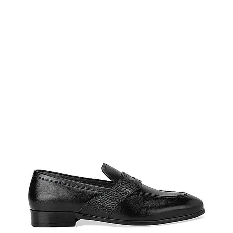 Textured Strap Leather Black Loafer Shoe