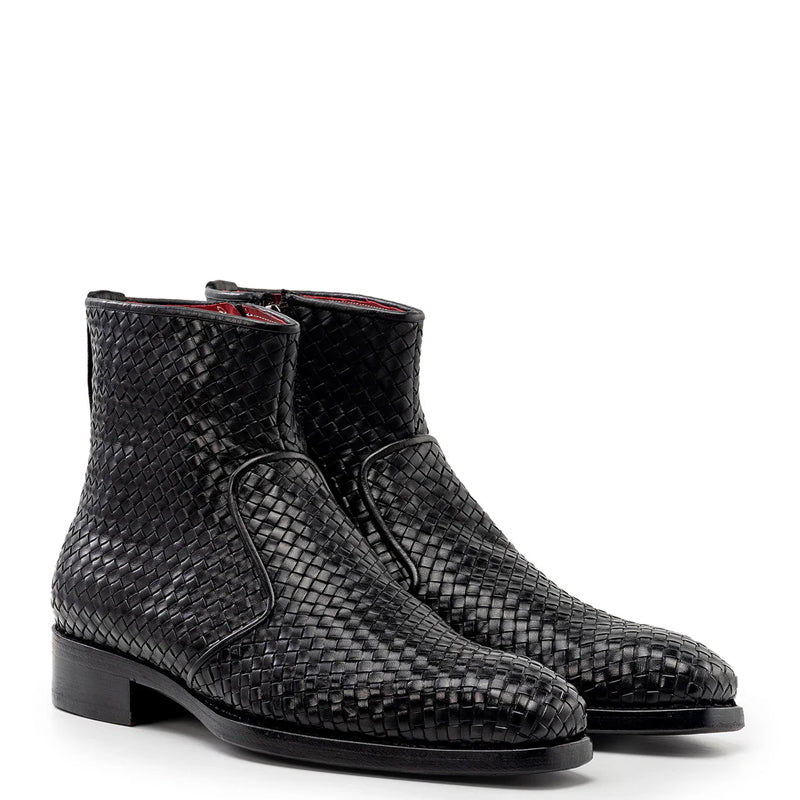 Luxury Stylish Woven Leather Side Zipper Boot Black