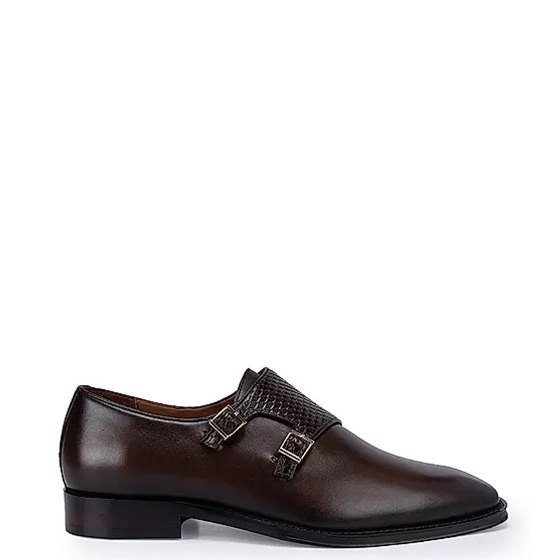 Polished Shiny Leather Textured Double Monk Shoe Brown