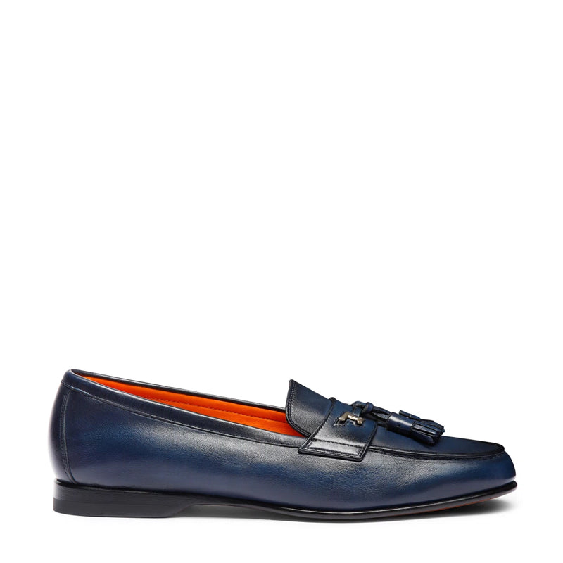 Polished Leather Tassel Blue Loafer For Men