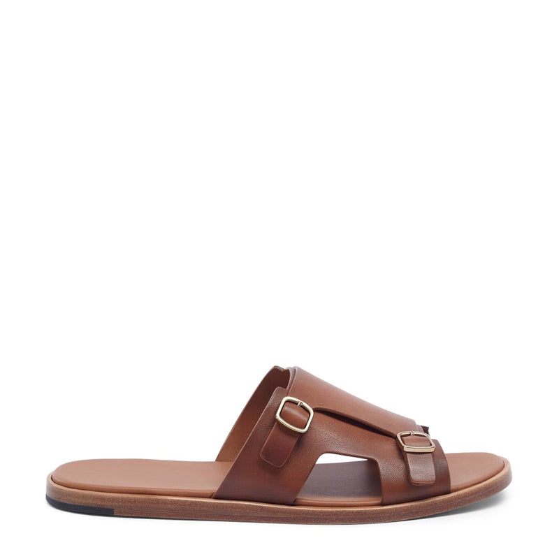Men Double Buckle Leather Comfort Brown Sandal