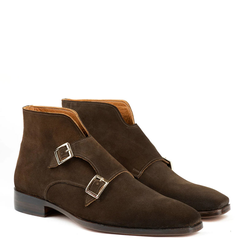 Classic Suede Leather Double Monkstraps Ankle Boot Brown