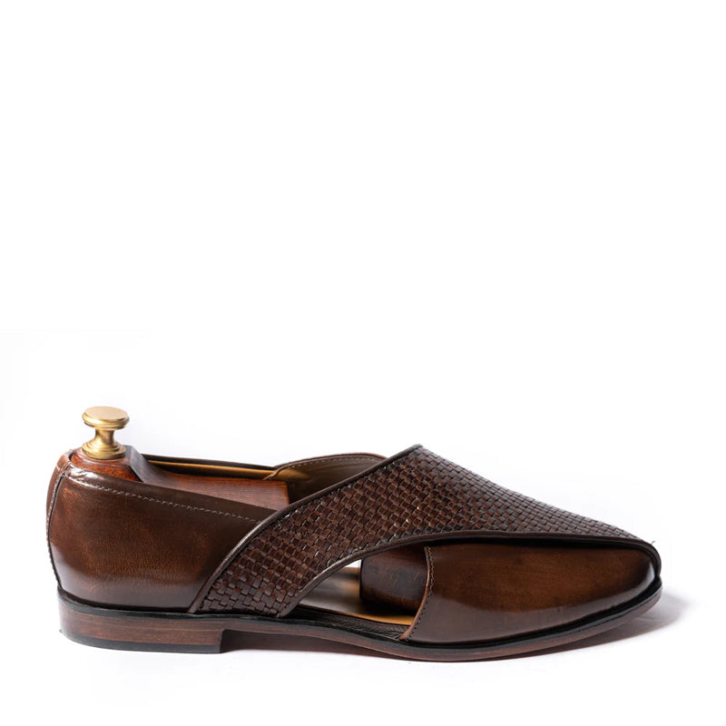 Woven Shiny Leather Breave Peshawari Brown Sandal