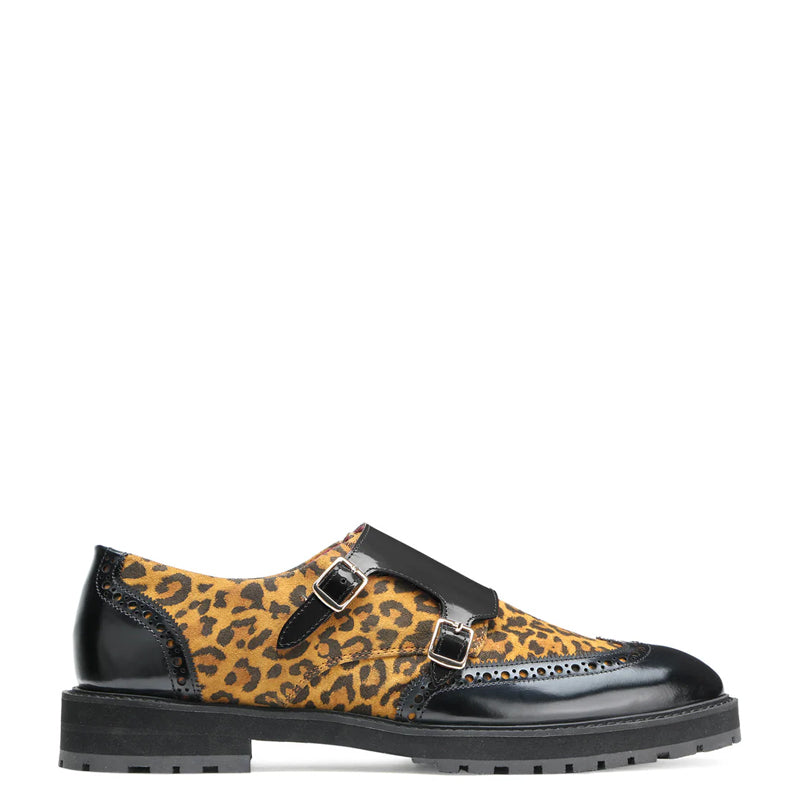 Leapard Printed Leather Double Monk Strap Shoe Black