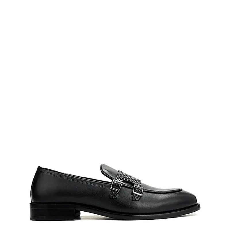 Polished Leather Textured Formal Double Monk Shoe Black