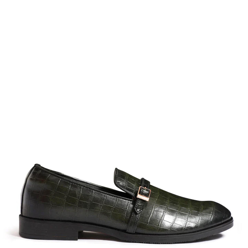Croco Textured Leather Green Loafer With Side Buckle
