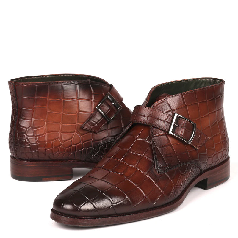 Single Monk Straps Croco Print Leather Ankle Boot Brown