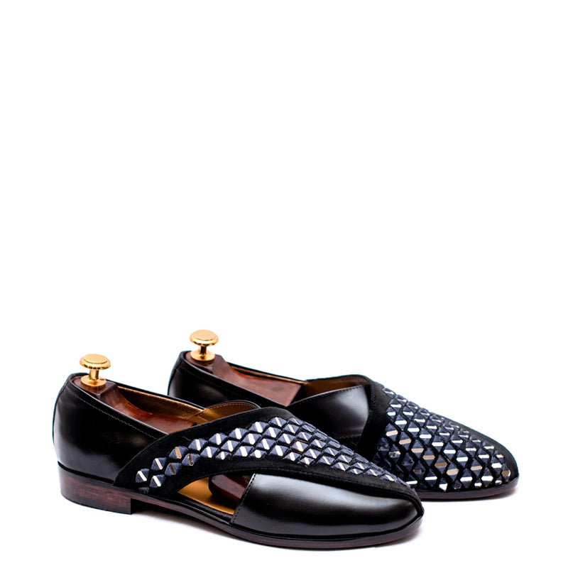 Cross Strap Mirror Design Leather Peshawari Black Sandal