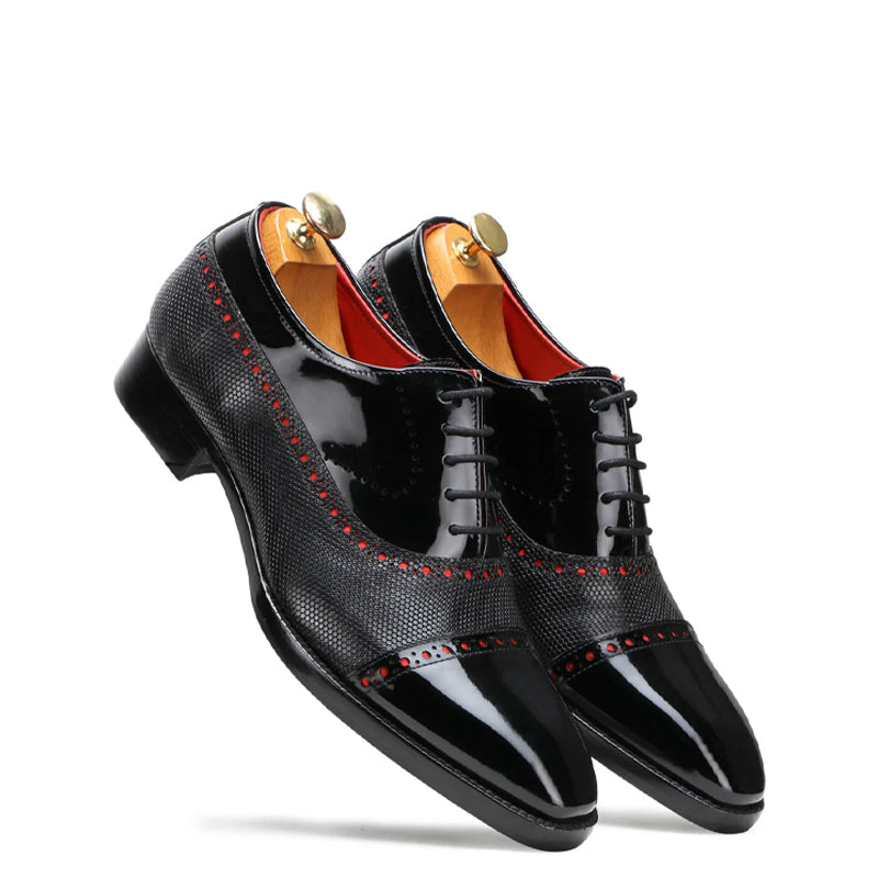 Patent Handmade Dotted Accents Cobalt Oxford Black Shoe