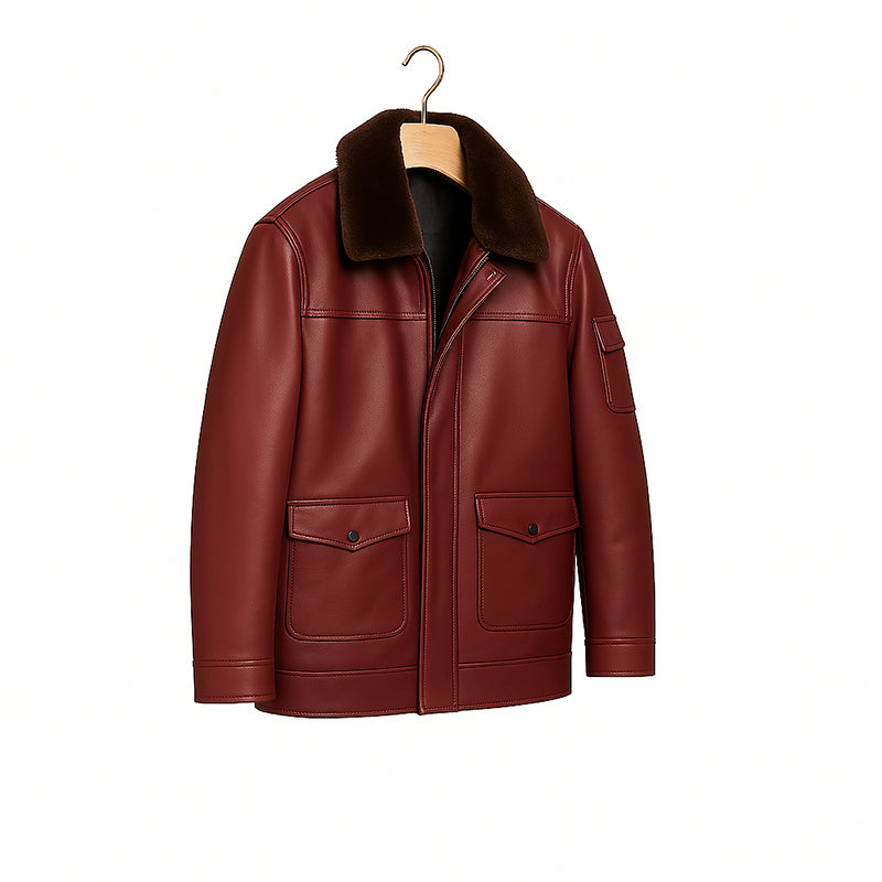 Men's Luxurious Burgundy Front Pocket Jacket with Fur Collar