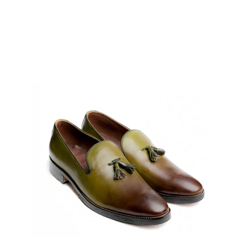 Casual Olive Slip-On Leather Tassel Loafer