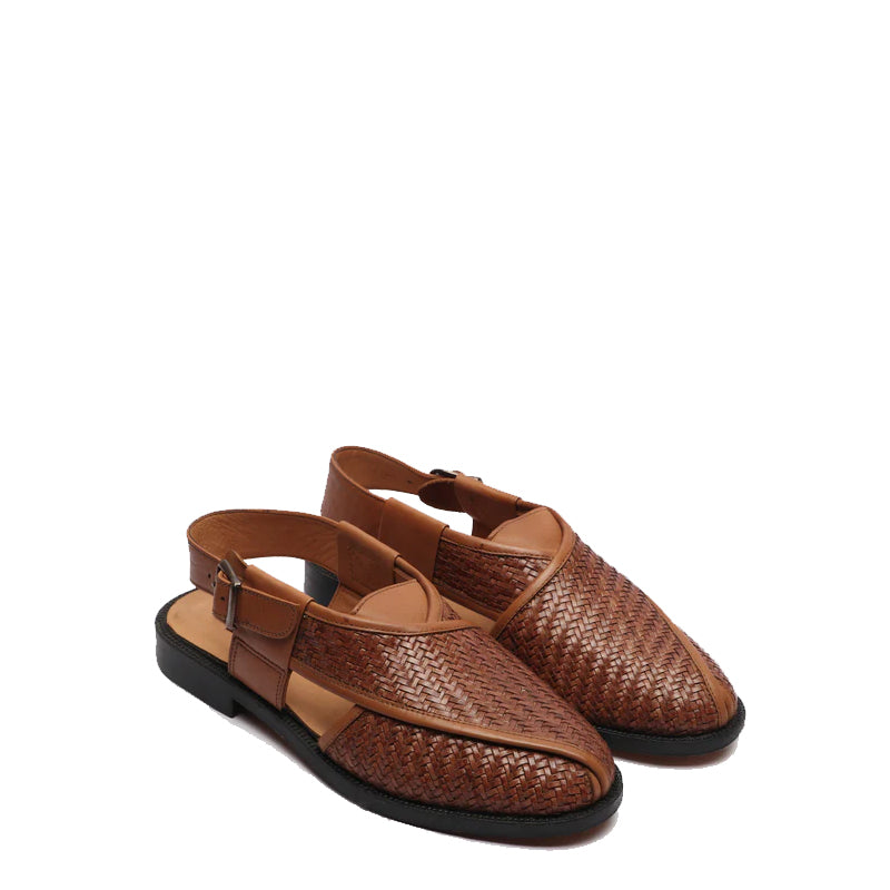 Woven Back Strap Leather Peshawari Tan Sandal