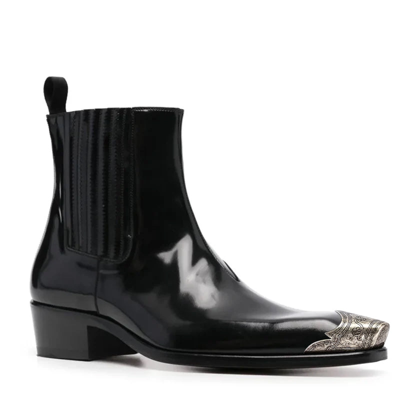 Negra Patent Leather Chelsea Boot with Silver Toe