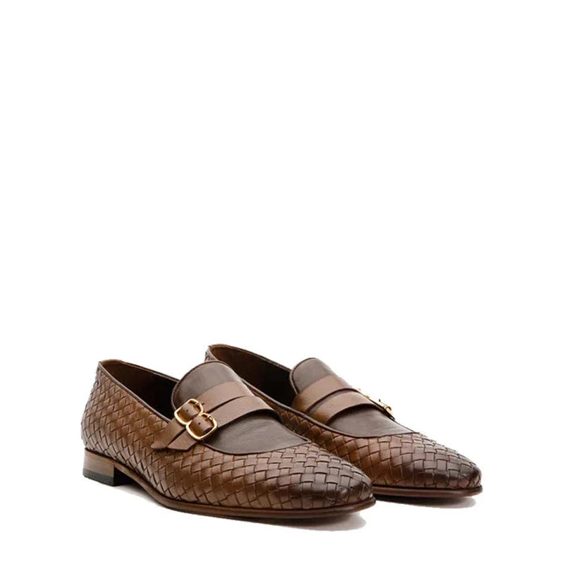 Men Leather Woven Double Monk Strap Brown Shoe
