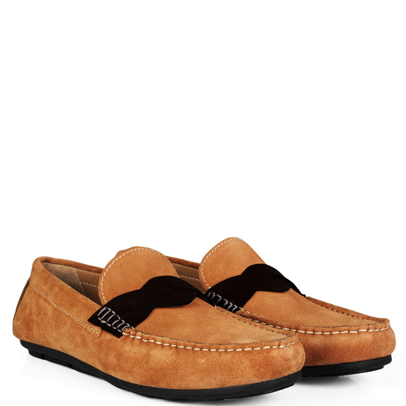Penny Suede Cross Strap Leather Tan Loafer