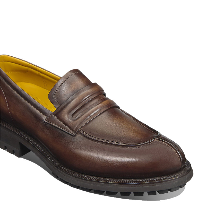 Men's Leather Brown Round-Toe Penny Loafer in Chunky Sole