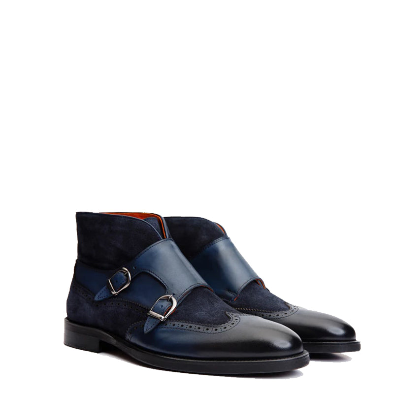Blue Suede Leather Double Strap Monk Brogue Men Boot