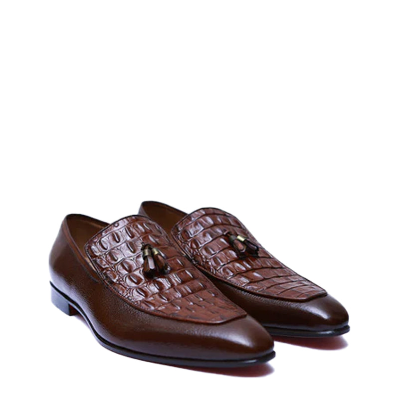 Croco Print Leather Tassel Brown Loafer For Men