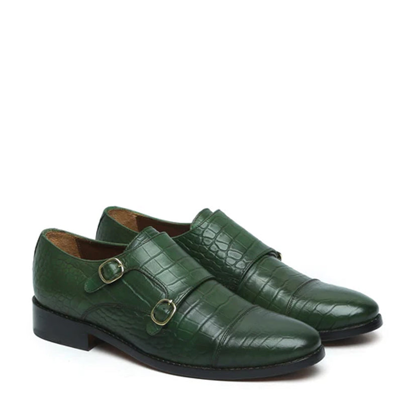 Croco Textured Leather Double Monk Green Shoe