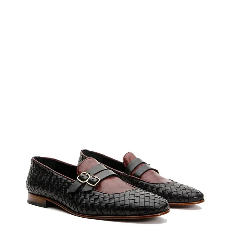 Men Leather Woven Double Monk Strap Black Shoe