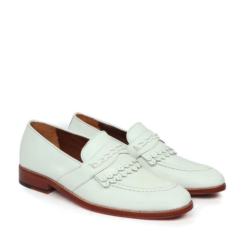Men Classic Handmade Leather White Loafer With Fringe