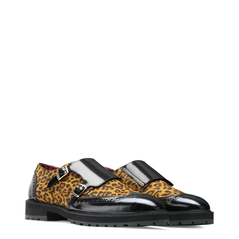 Leapard Printed Leather Double Monk Strap Shoe Black