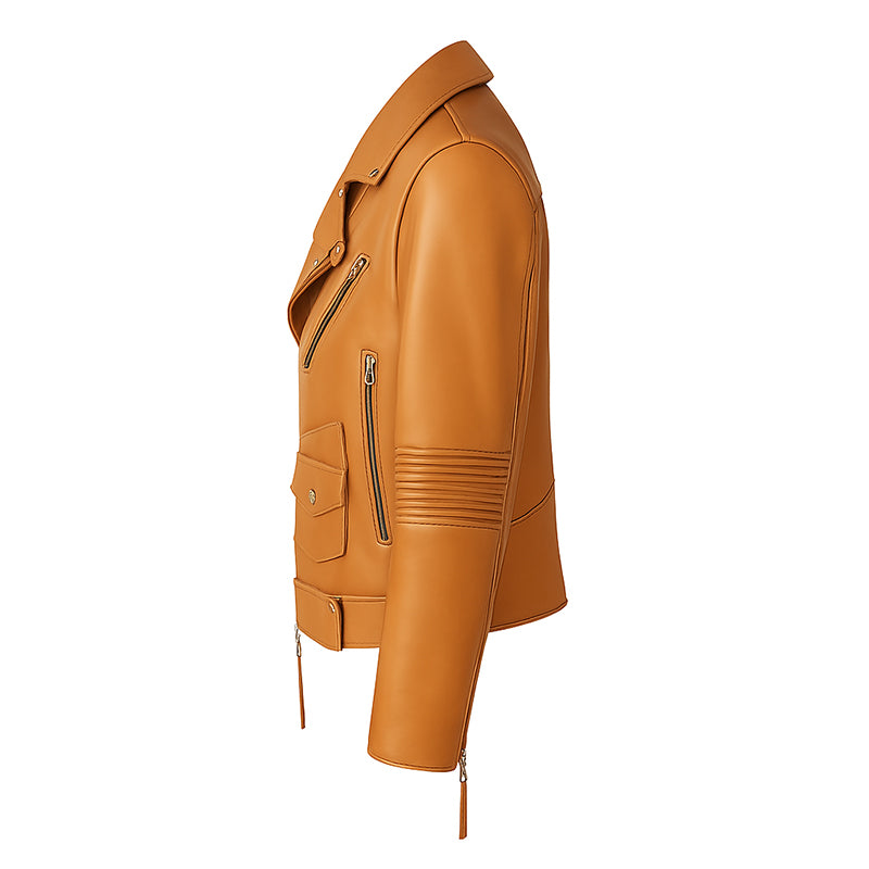 Men's Tan Leather Biker Jacket with Zippers