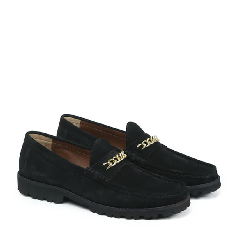 Suede Leather Loafers With Golden Black Chain