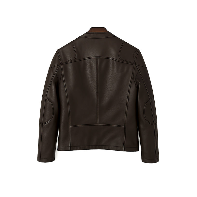 Men’s Zip-Up Vintage Brown Biker Jacket with Stand Collar & Pockets