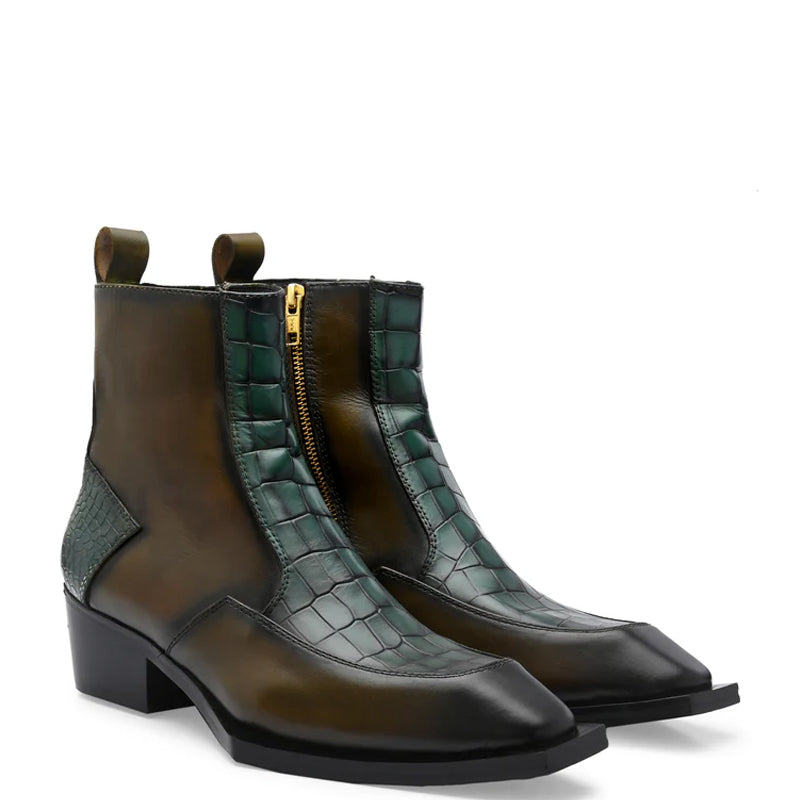 Luxury Croco Textured Leather Side-Zipper Boot Green and Brown