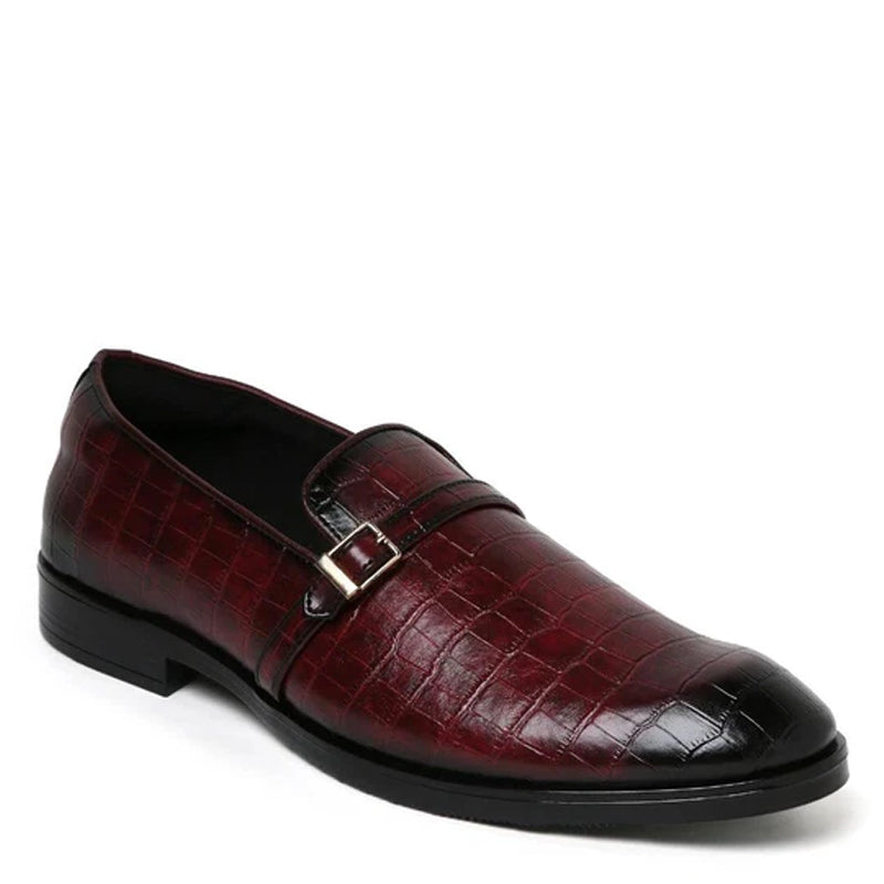 Croco Textured Leather Burgundy Loafer With Side Buckle