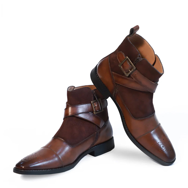 Leather Side Zip-Up Buckled Ankle Brown Boot