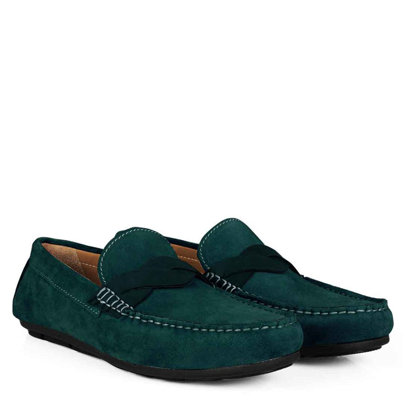 Penny Suede Cross Strap Leather Green Loafer