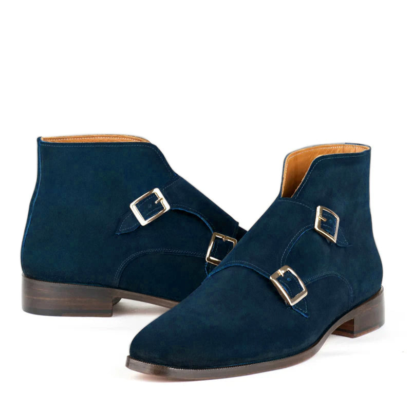 Luxury Suede Leather Double Buckle Ankle Boot Blue