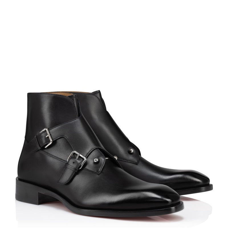 Double Monk Solid Black Leather High Ankle Boot