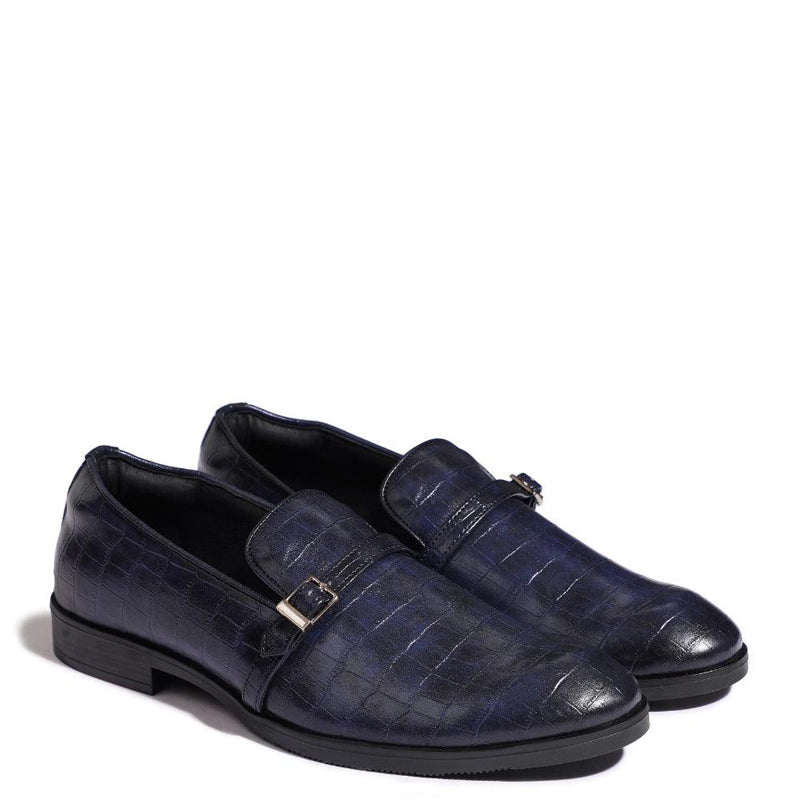 Croco Textured Leather Blue Loafer With Side Buckle