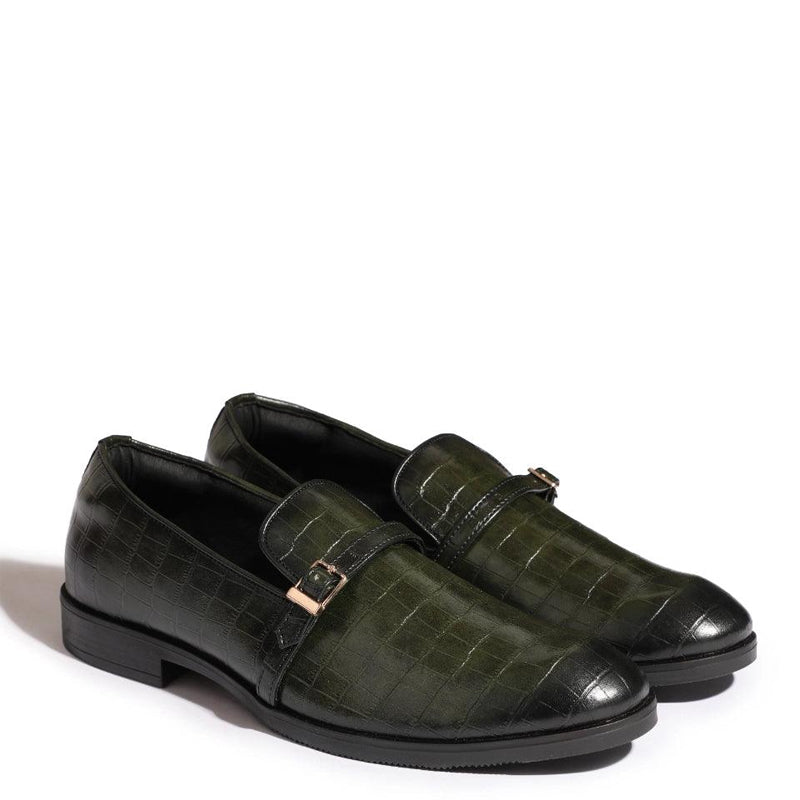 Croco Textured Leather Green Loafer With Side Buckle