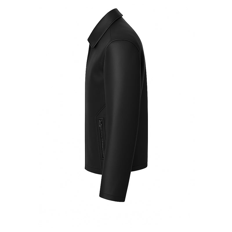 Men's Plain Casual Black Leather Jacket with Collar