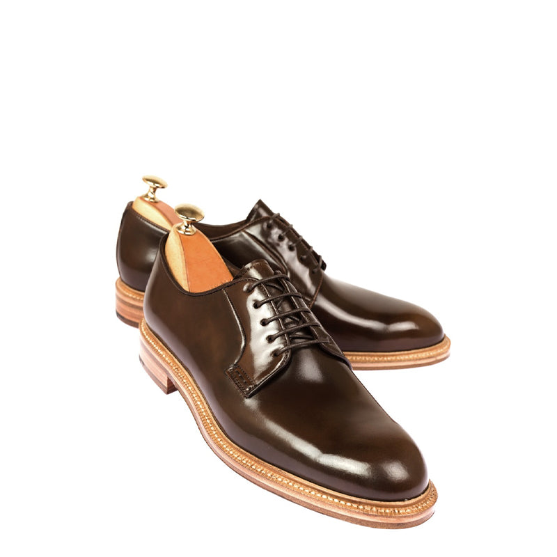 Plain Toe Polished Shiny Leather Derby Shoe Brown