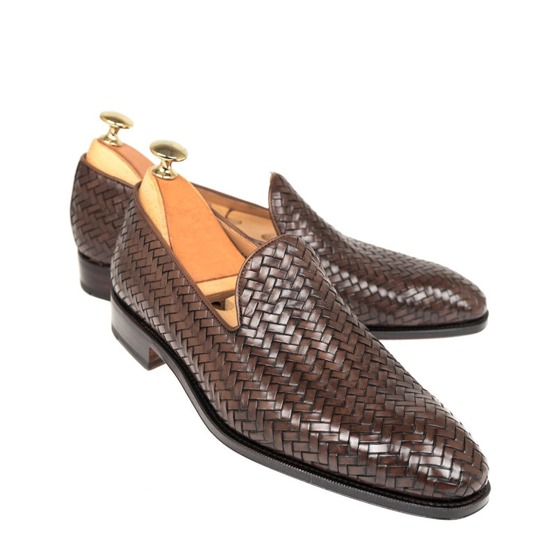 Woven Print Braided Italian Leather Brown Loafer