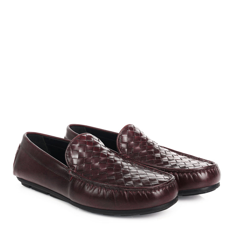 Premium Leather Weaved Textured  Driving Burgundy Loafer