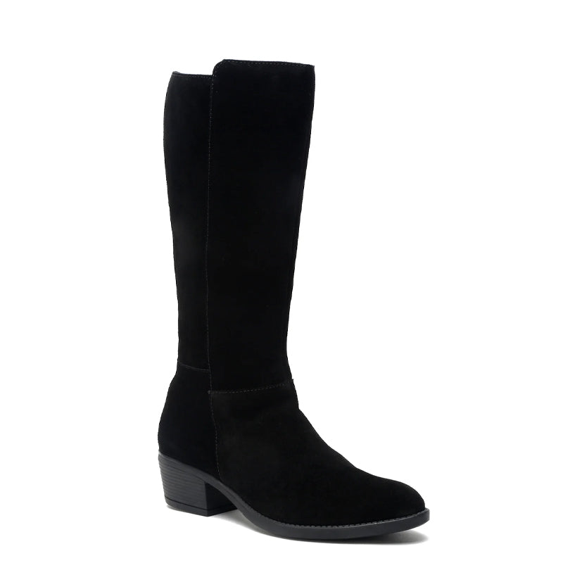 Women Suede Knee High-Top Side Zipper Black Boot